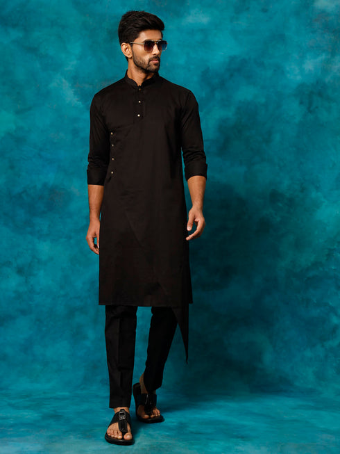 Vastramay Men's Black Cotton Satin Blend Kurta Pyjama Set